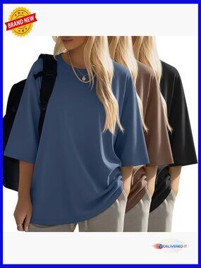3 Pack Oversized Cotton Tees 3/4 Sleeve Crewneck Casual Tops